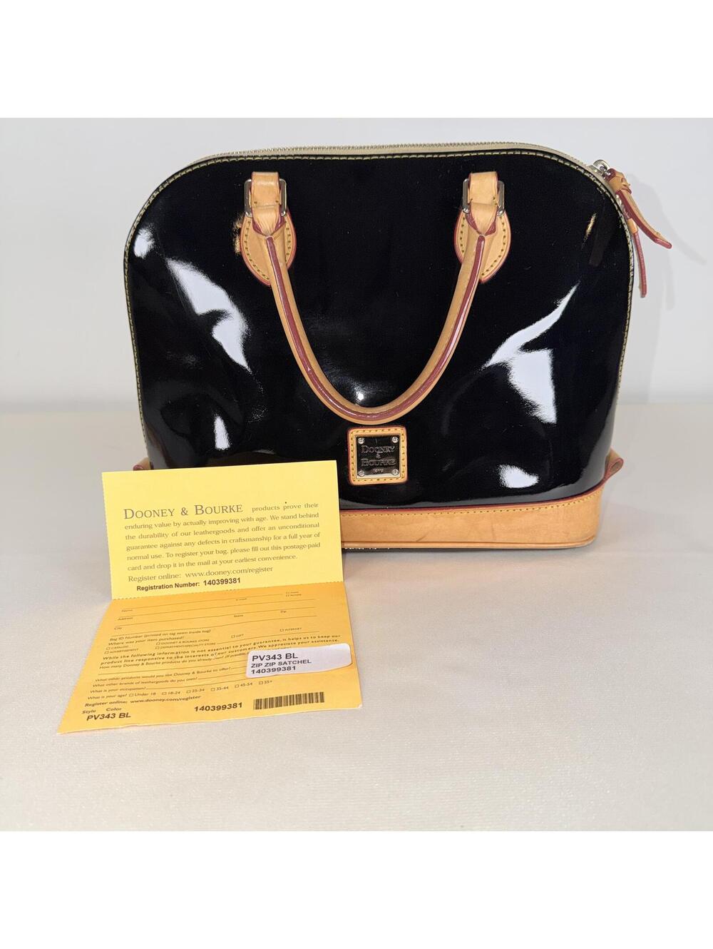 Dooney & Bourke Zip Satchel PV343 Black Patent Leather with Red Interior - Picture 2 of 9